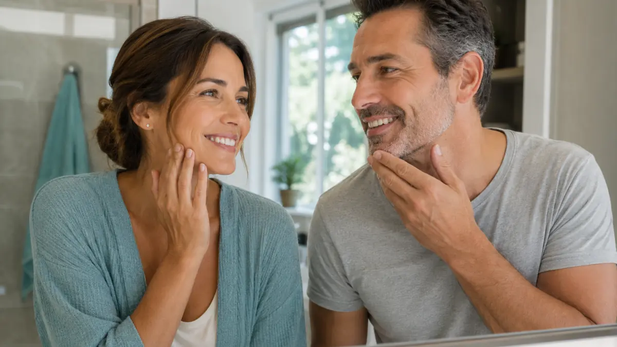 Couple smiling in front of a mirror during their everyday oral-care routine